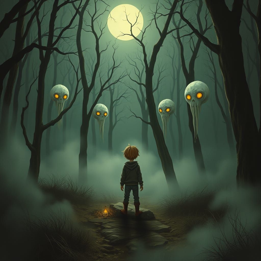 Boy Beckoned by Banshees in Moonlit Forest