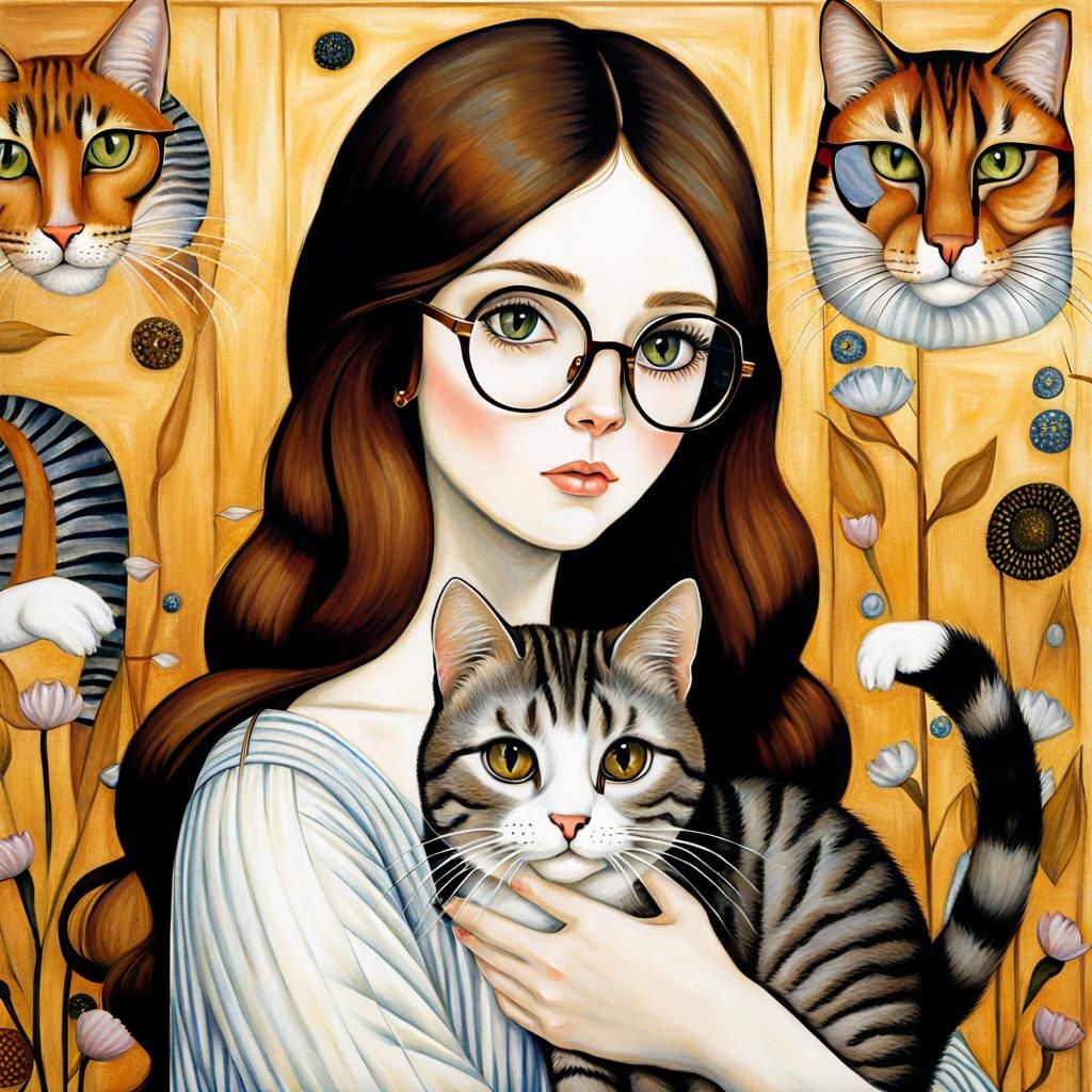 Girl with Cat, in Klimt-Botticelli Style