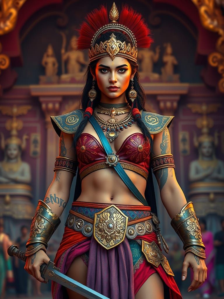 Warrior queen stands fierce in vibrant glory