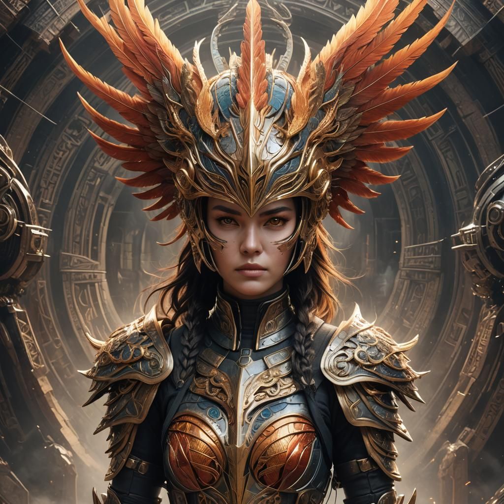 Female Warrior with Phoenix Helmet in Post-Apocalyptic World