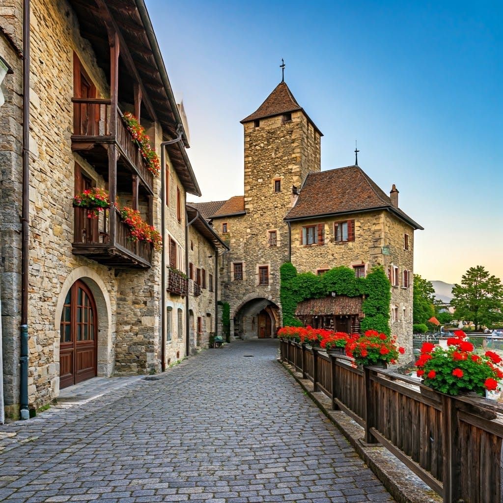 Charming Medieval Village on Lake Geneva at Sunset