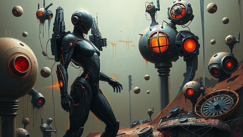 Cyborg Mercenary in Surreal Dystopian Landscape