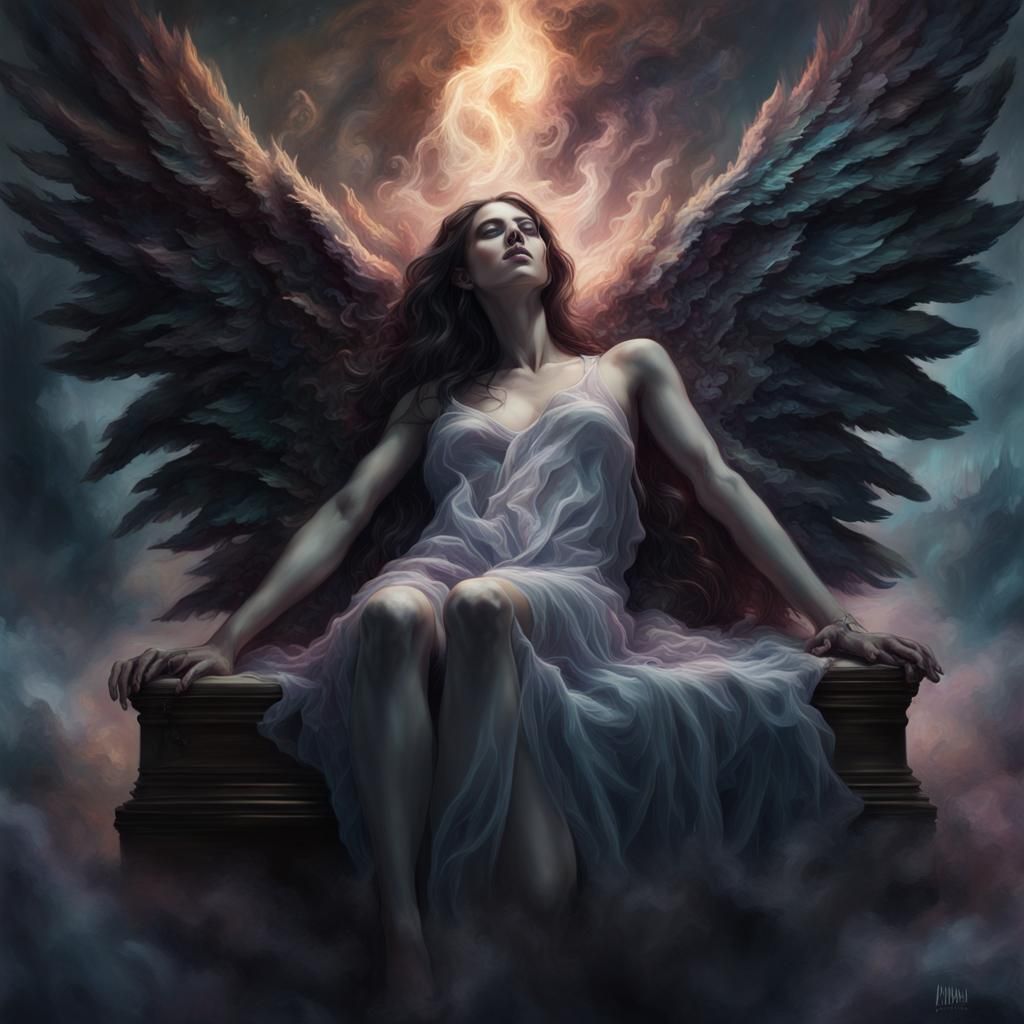 Surreal Undead Portrait with Angel Wings in Oil Slick