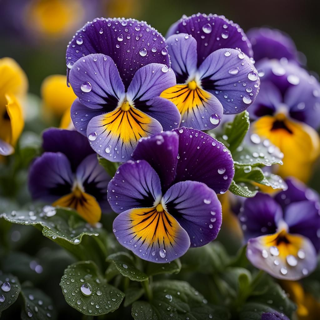 Pansies in Golden Hour Light: Intricate Floral Photo