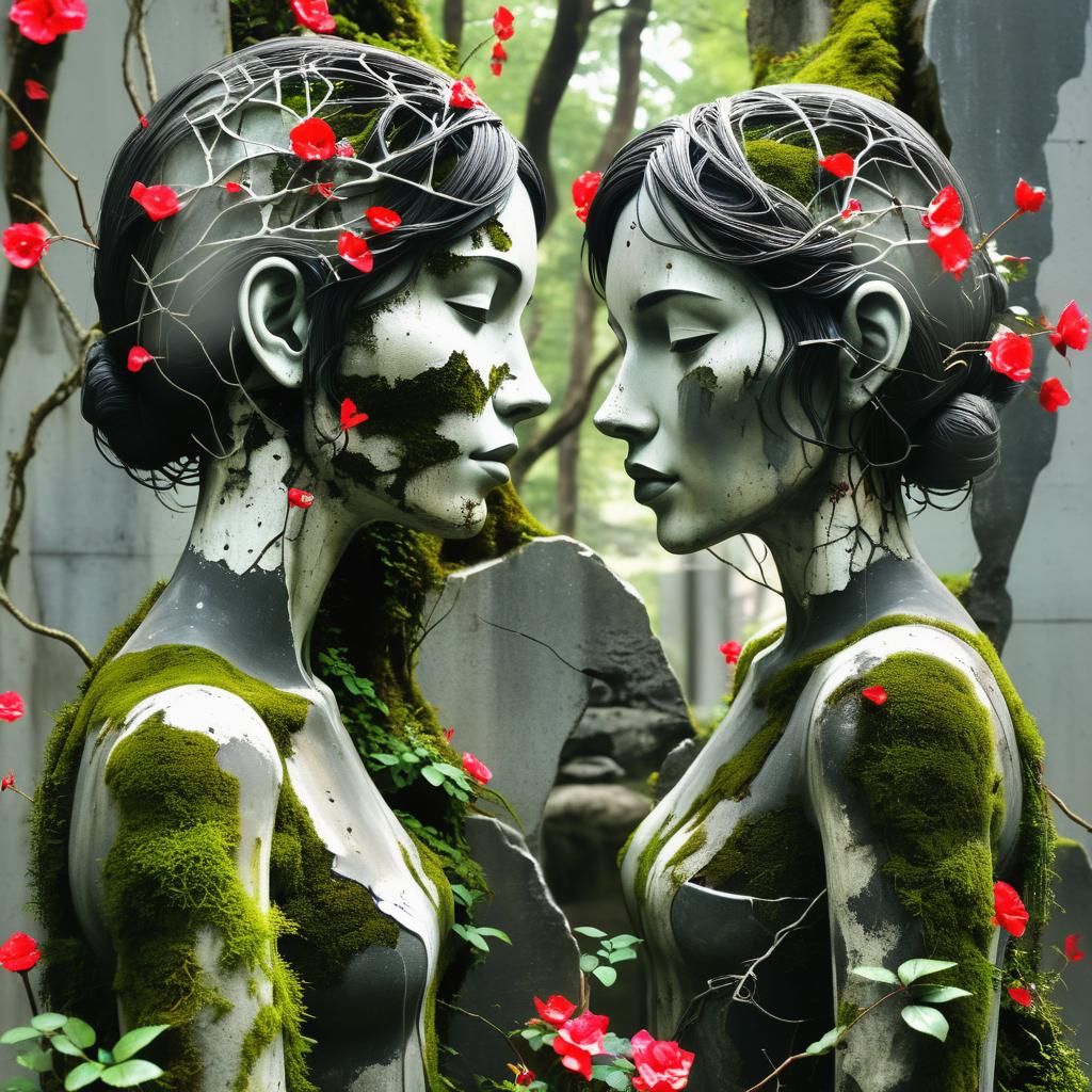 Mossy Concrete Couple Sculpture in Dystopian Wasteland