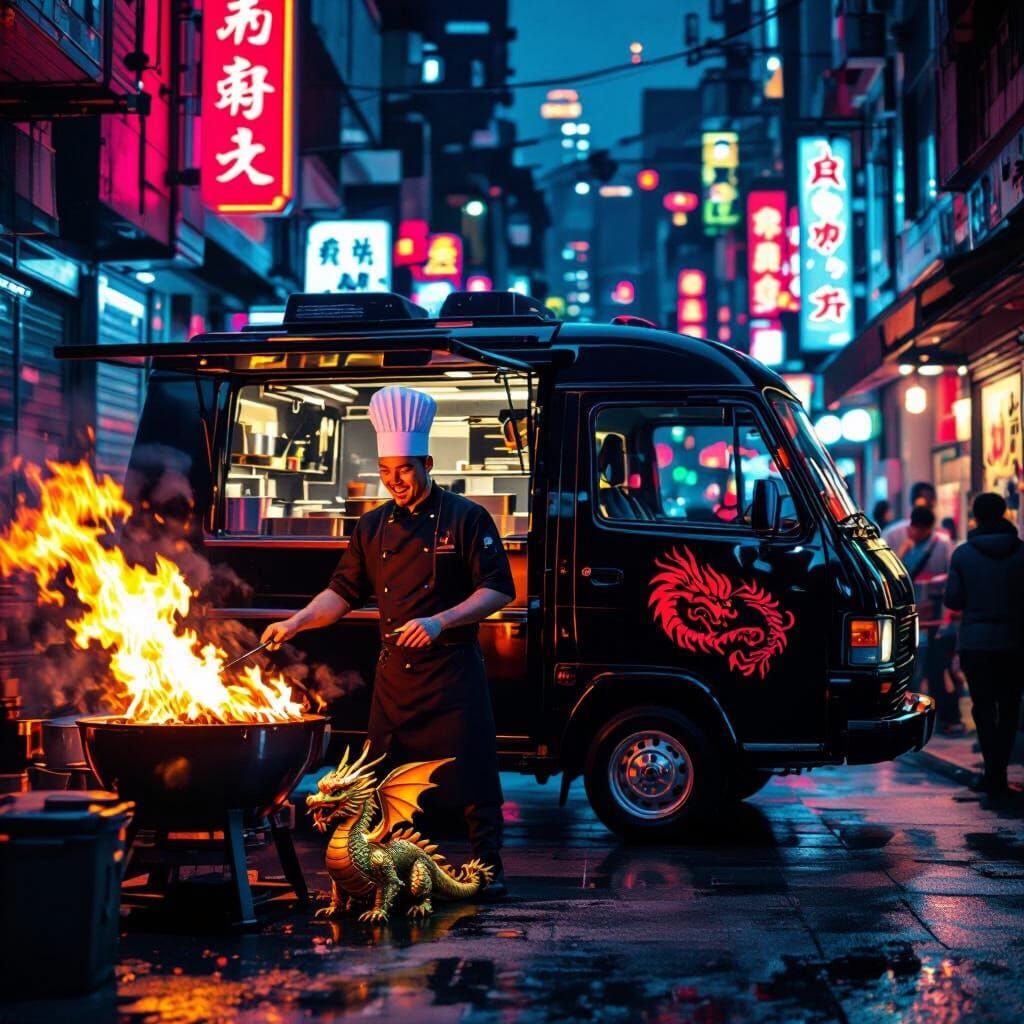 Cyberpunk Food Van with Dragon Logo in Neon Alley