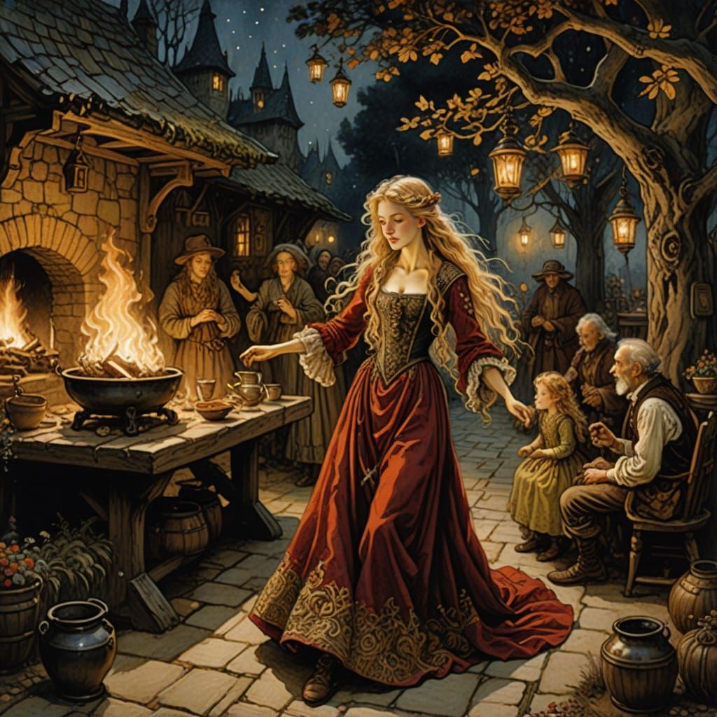 Ethereal Dancer in Crimson Gown, Vintage Tavern Setting