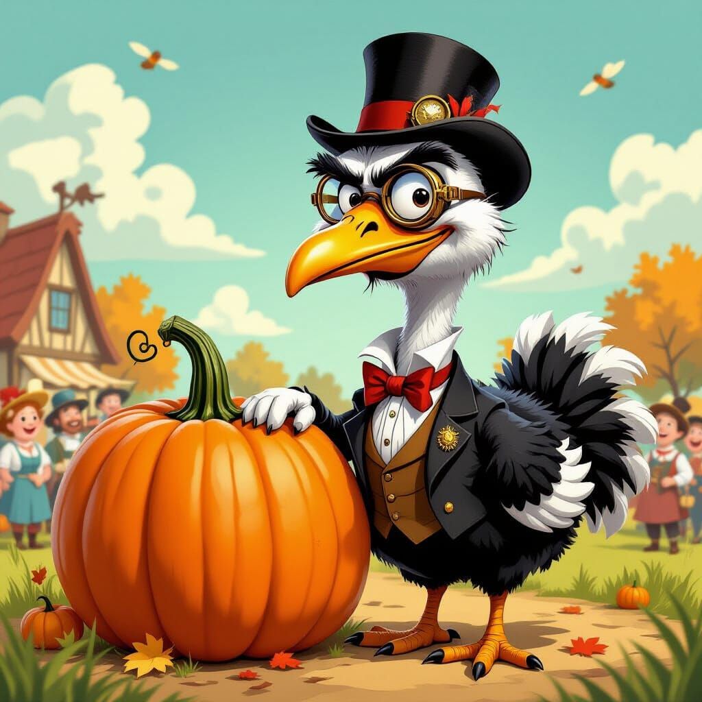 Steampunk Ostrich Patriarch with Giant Pumpkin
