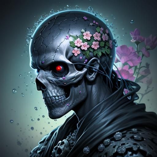 Hyperrealistic Skull Surrounded by Dewy Flowers