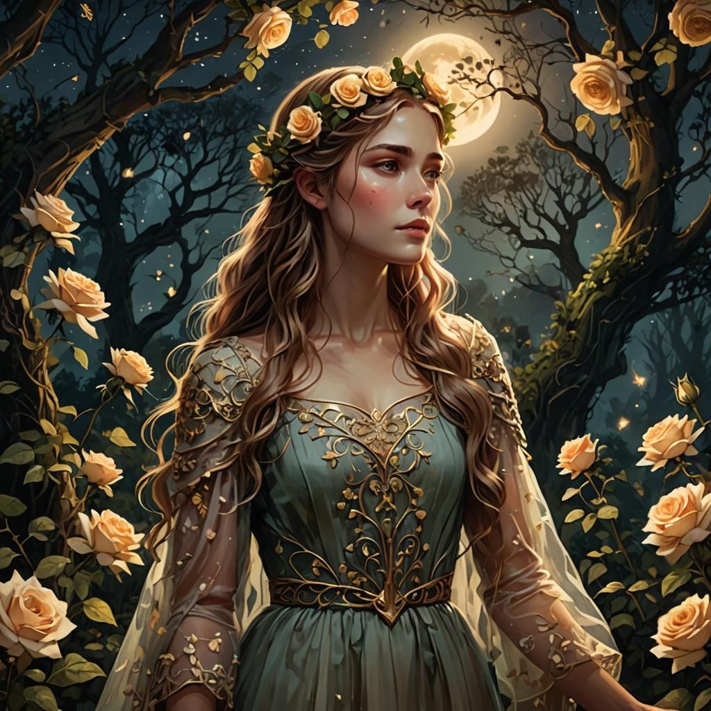 Floral Crowned Woman in Moonlit Fantasy Garden