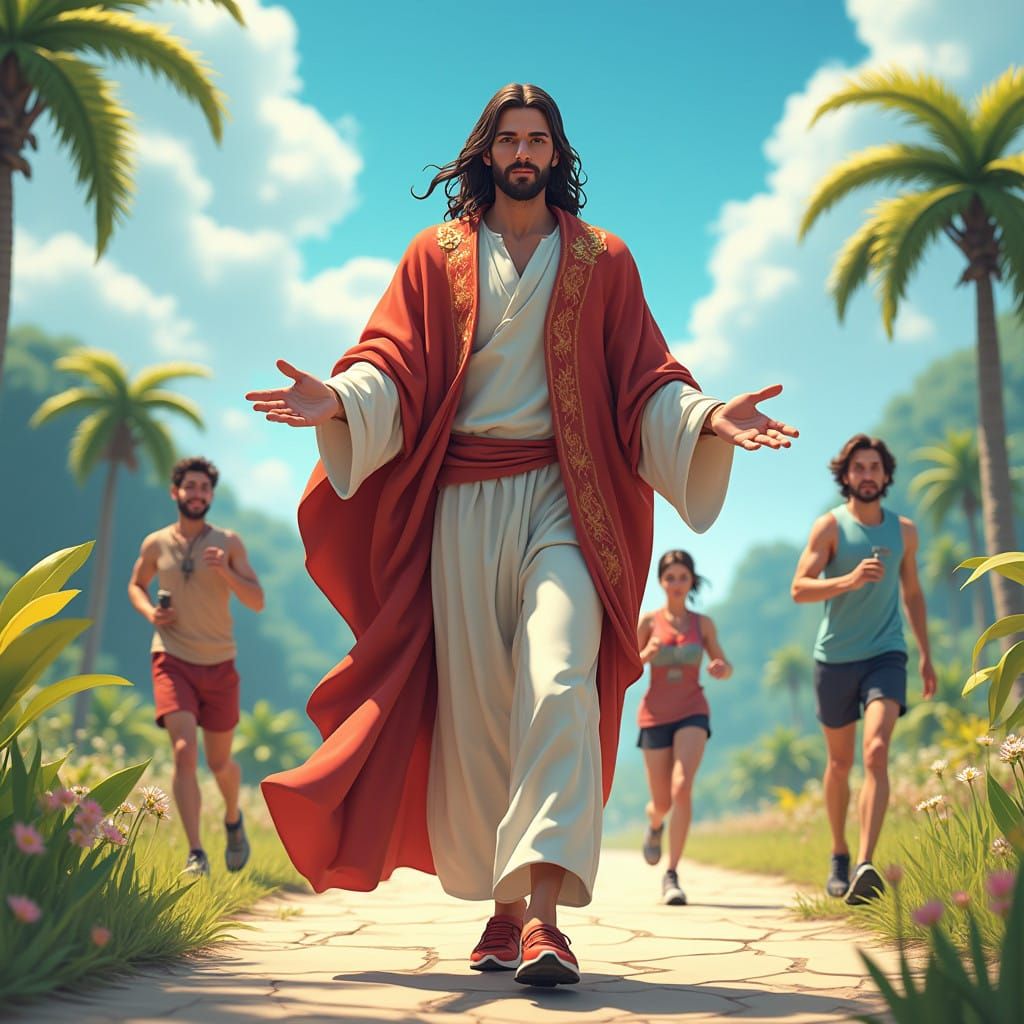 Jesus in Traditional Manto with Young Athletes on a Vibrant...