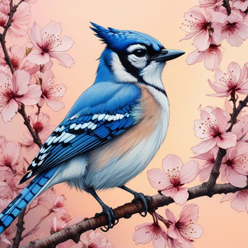 Blue Jay on Cherry Blossom Tree at Sunset in Watercolor Styl...