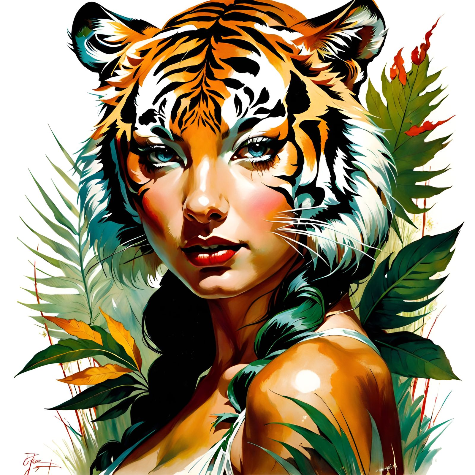 Tiger Queen Pin-Up in Classic Illustration Style