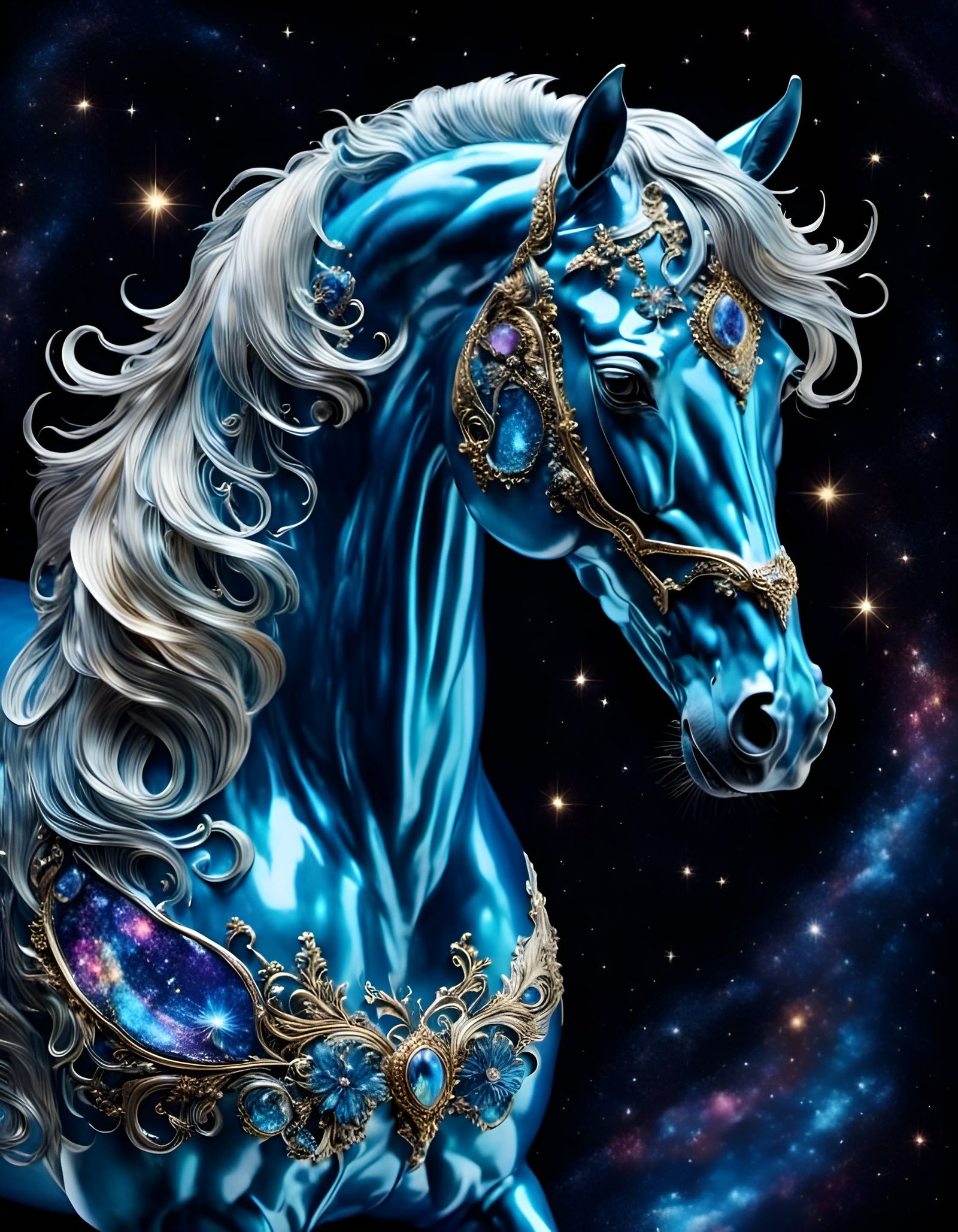 Shimmering Blue Glass Horse with Rainbow Mane