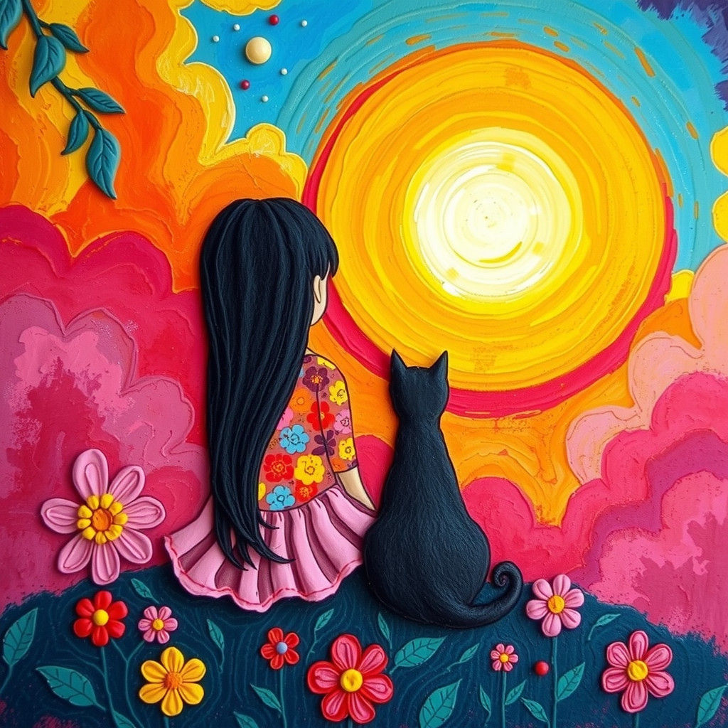Girl and Cat Gaze at Sunset in Impasto Painting