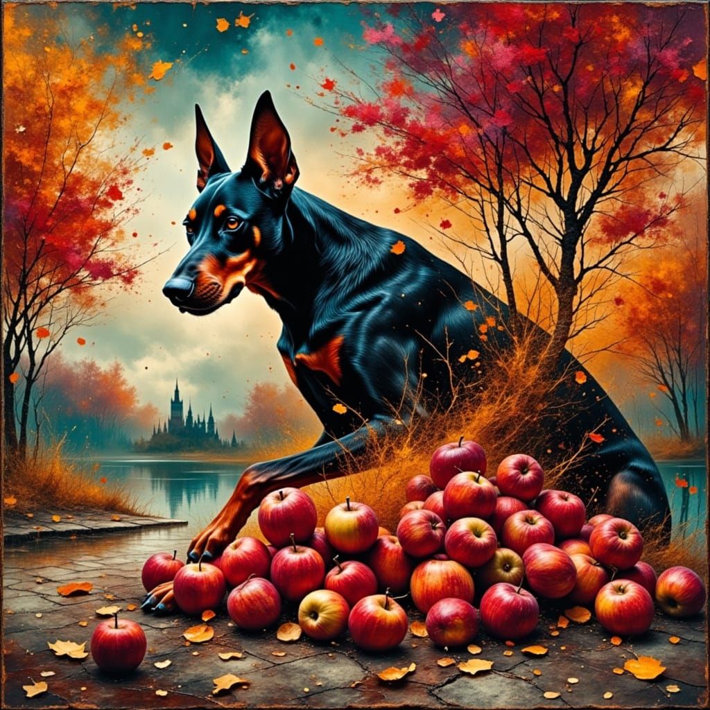 Majestic Doberman Guards Autumn Apples in Grungy Oil Style