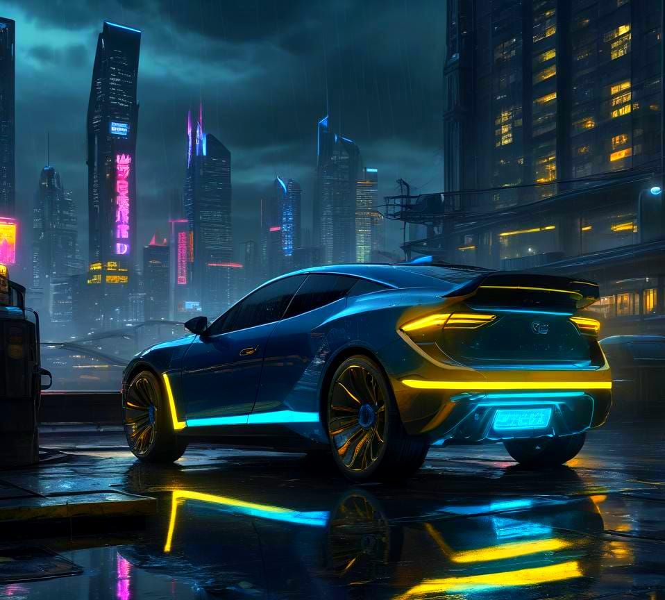 Futuristic Blue Car at Dock in Cyberpunk Style