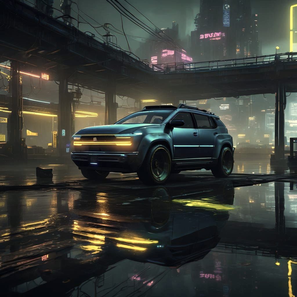 Blue Car at Dock: Futuristic Concept Art