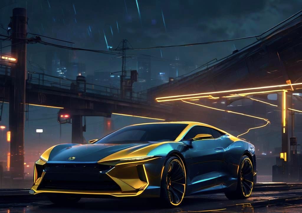 Blue Car at Dock in Futuristic Night Scene