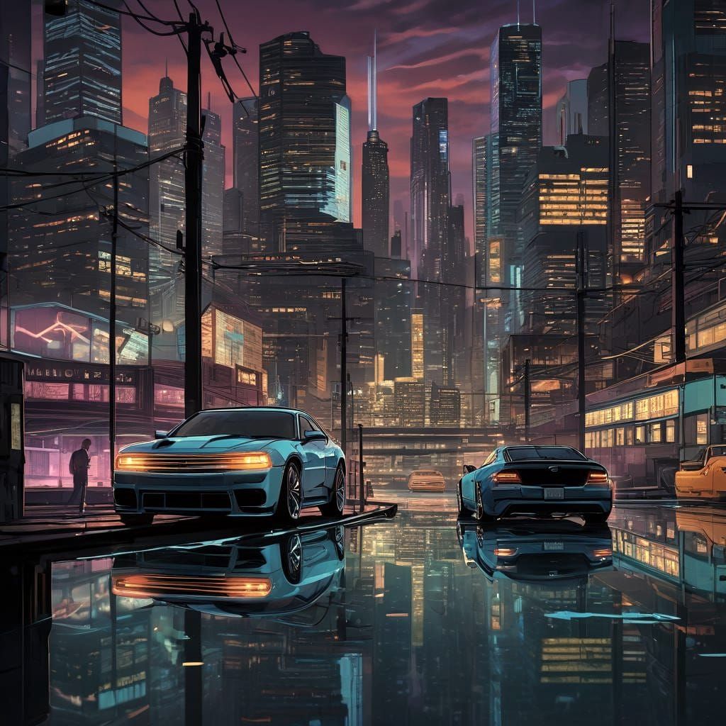 Blue Car at Dock: Futuristic Night Scene