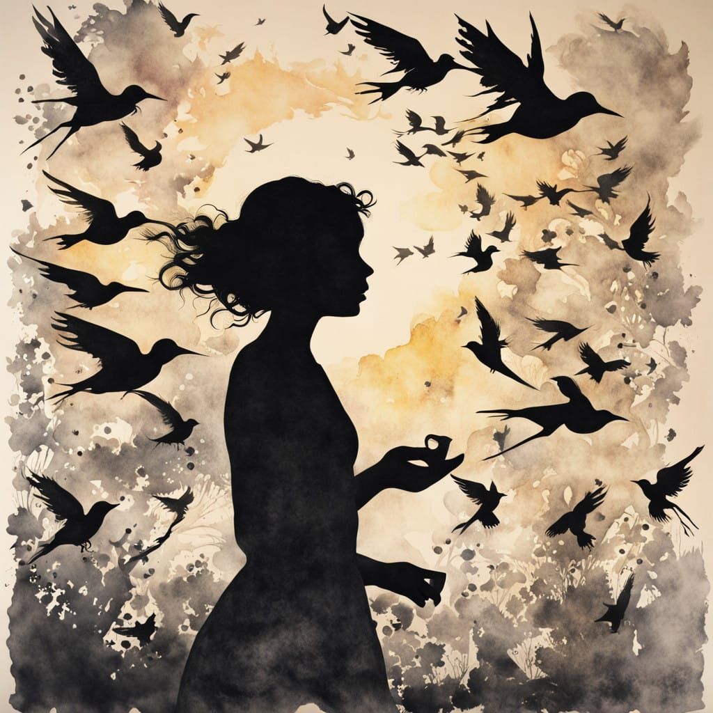 Whimsical Silhouette Art of a Girl Surrounded by Birds in a ...
