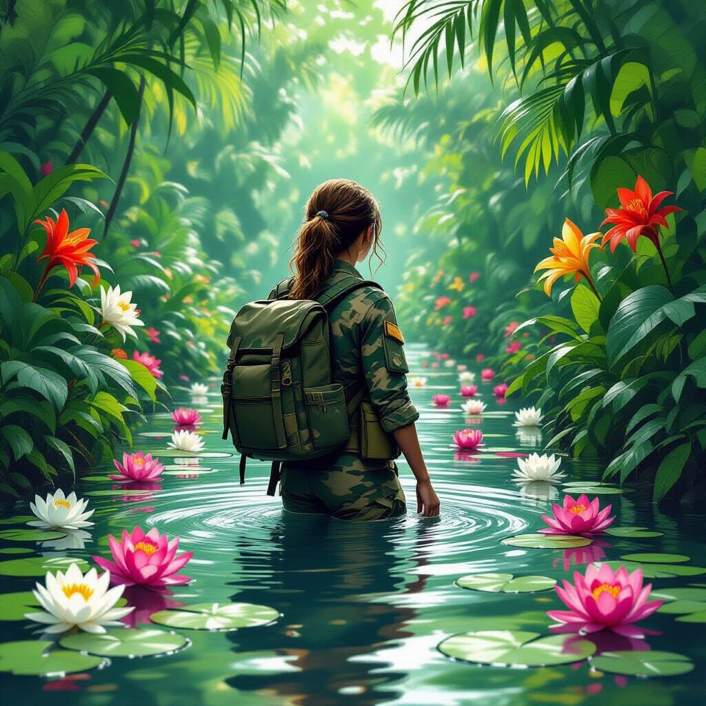 Jungle Soldier Surrounded by Tropical Flowers