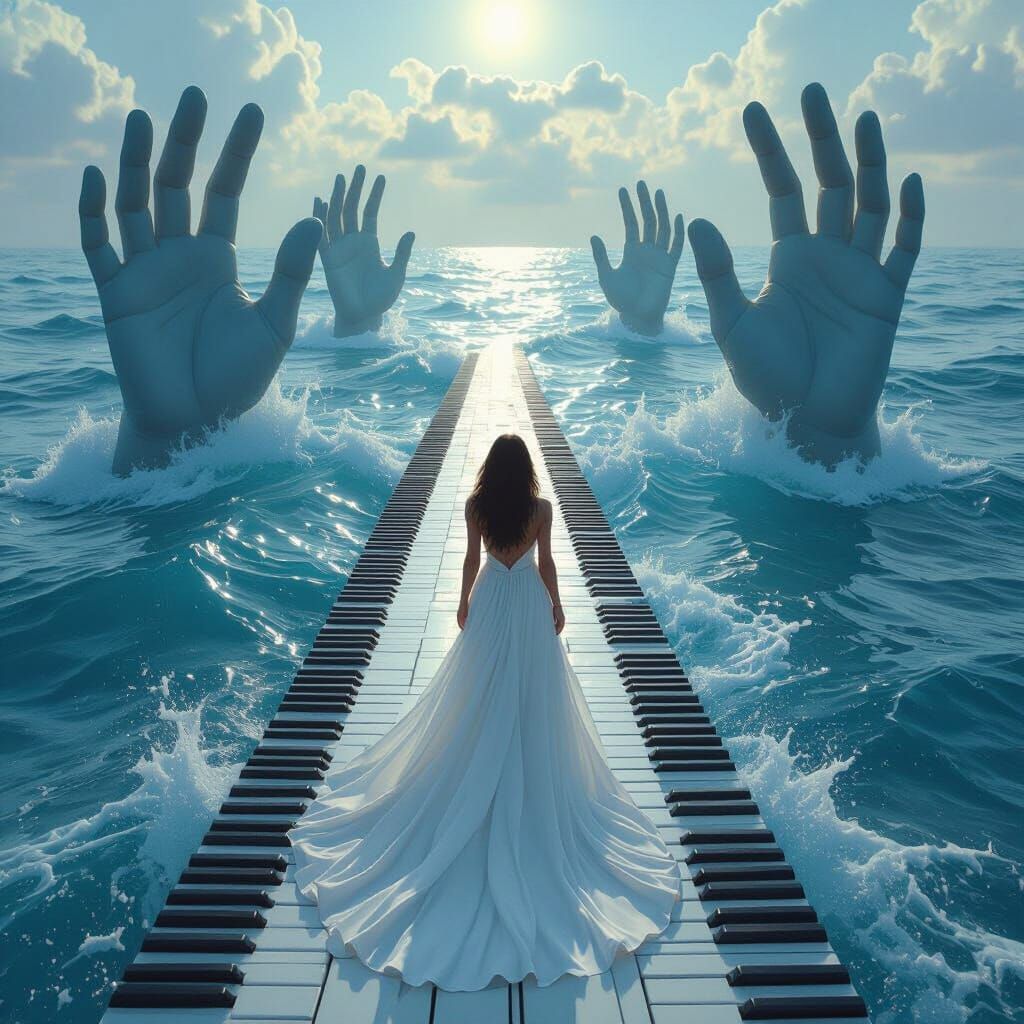 Piano Key Ocean With Flowing Hands, Surreal Style