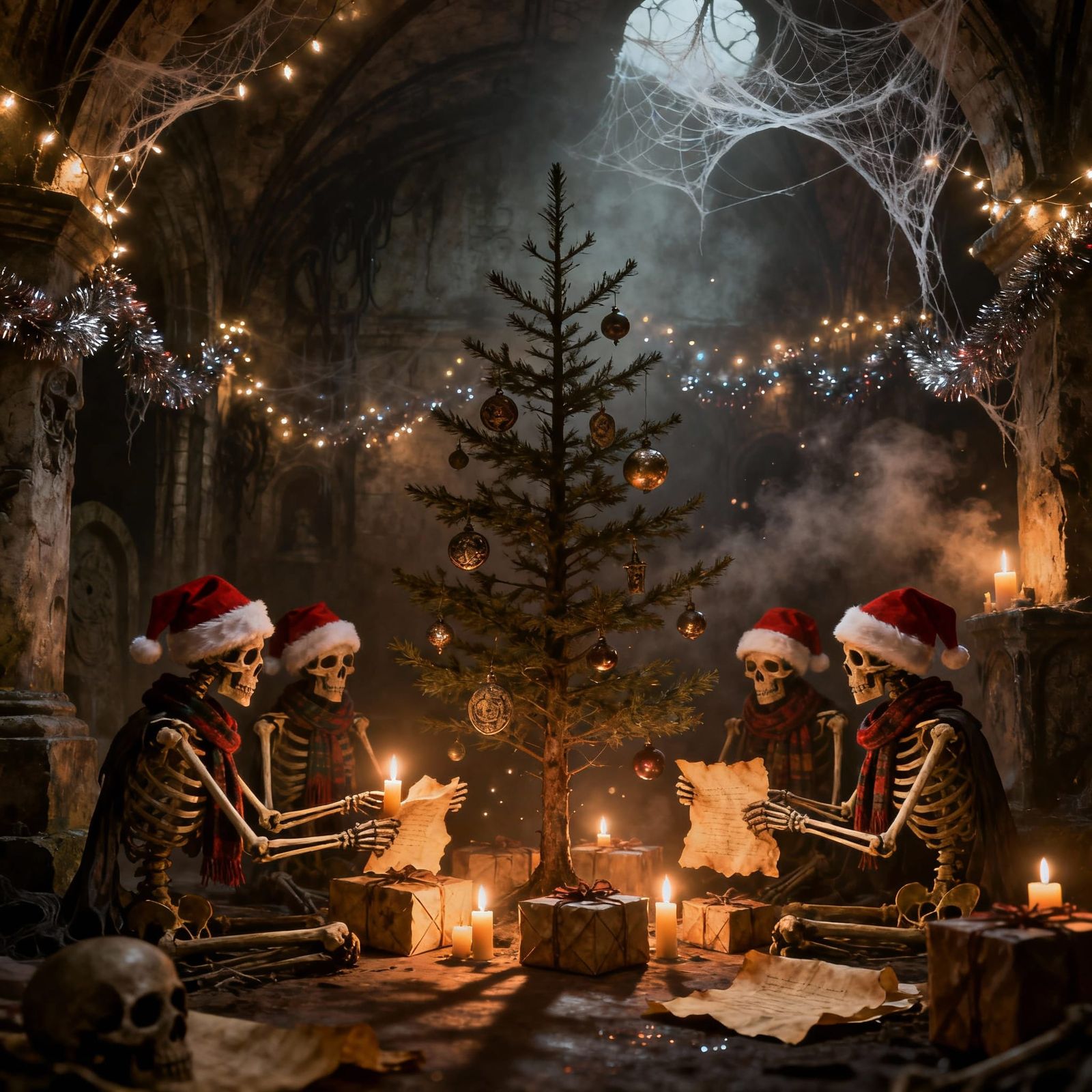 Festive Christmas Crypt Scene with Skeletal Figures