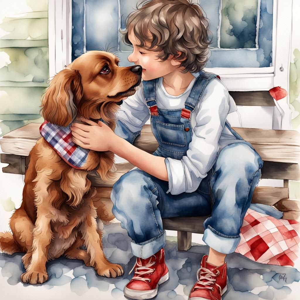Boy and Dog: Watercolor Alcohol Ink Illustration