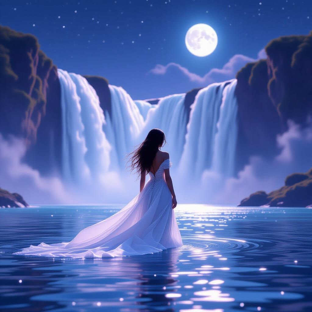Moonlit Woman by Waterfall in Pastel Hues