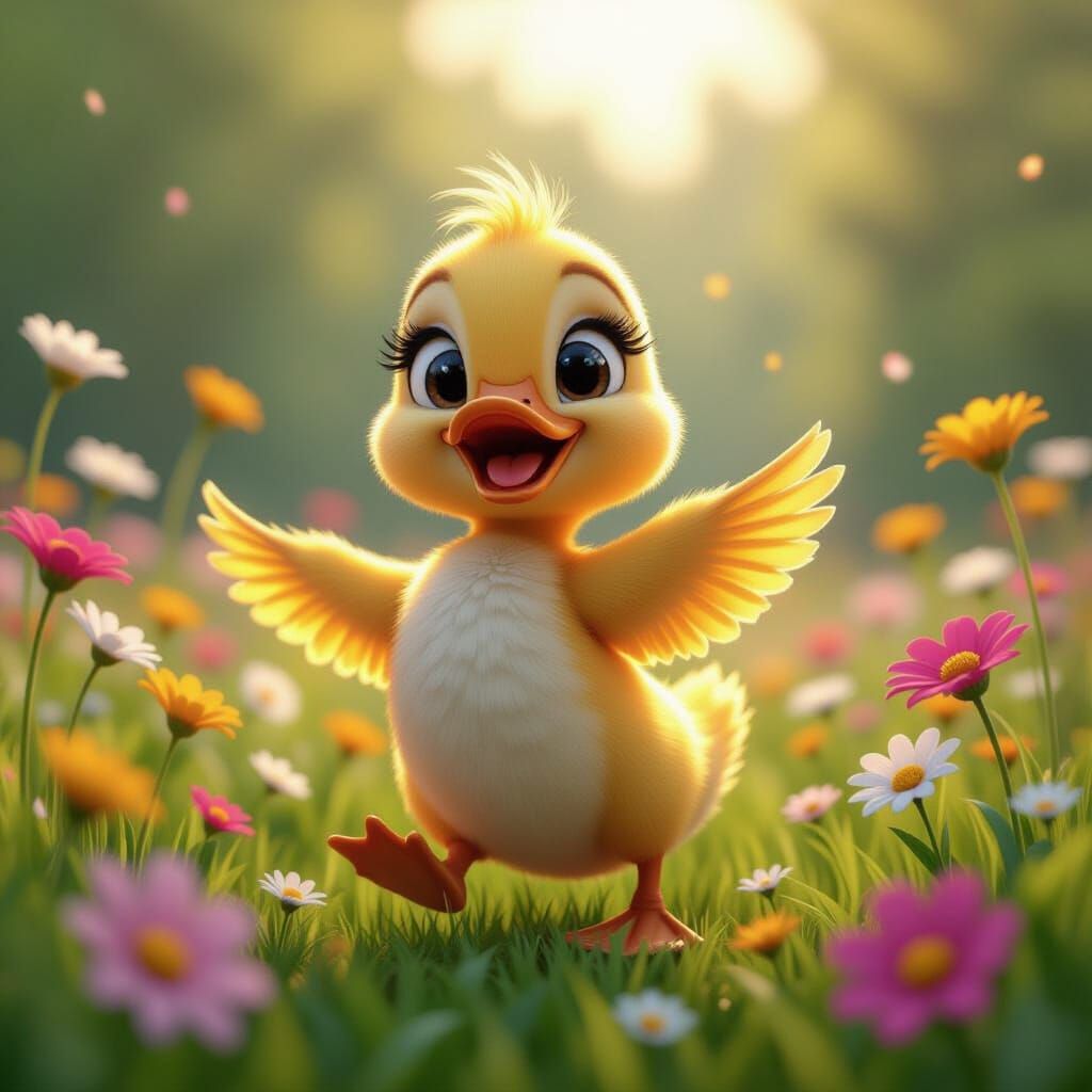 Happy Duckling Dancing in Flower Meadow: 3D Digital Art