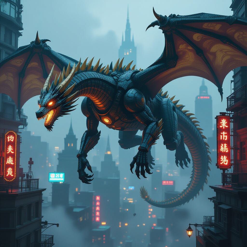 Mechanical Dragon Soars Through Dystopian Cityscape