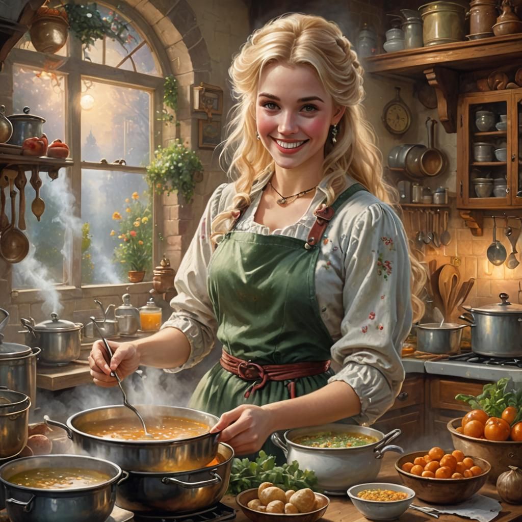 Victorian Kitchen Scene with Smiling Blond Woman