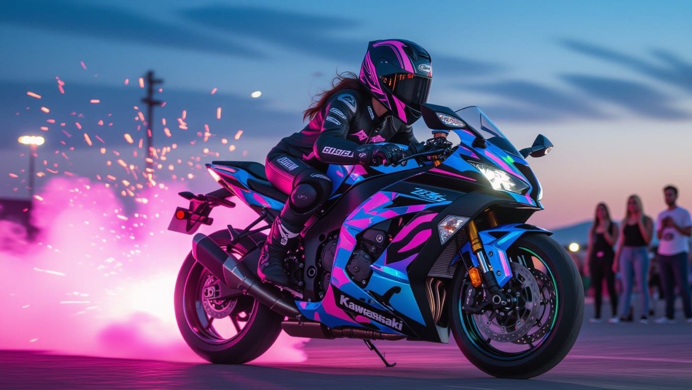 Lady Rider on Custom Kawasaki at Rave