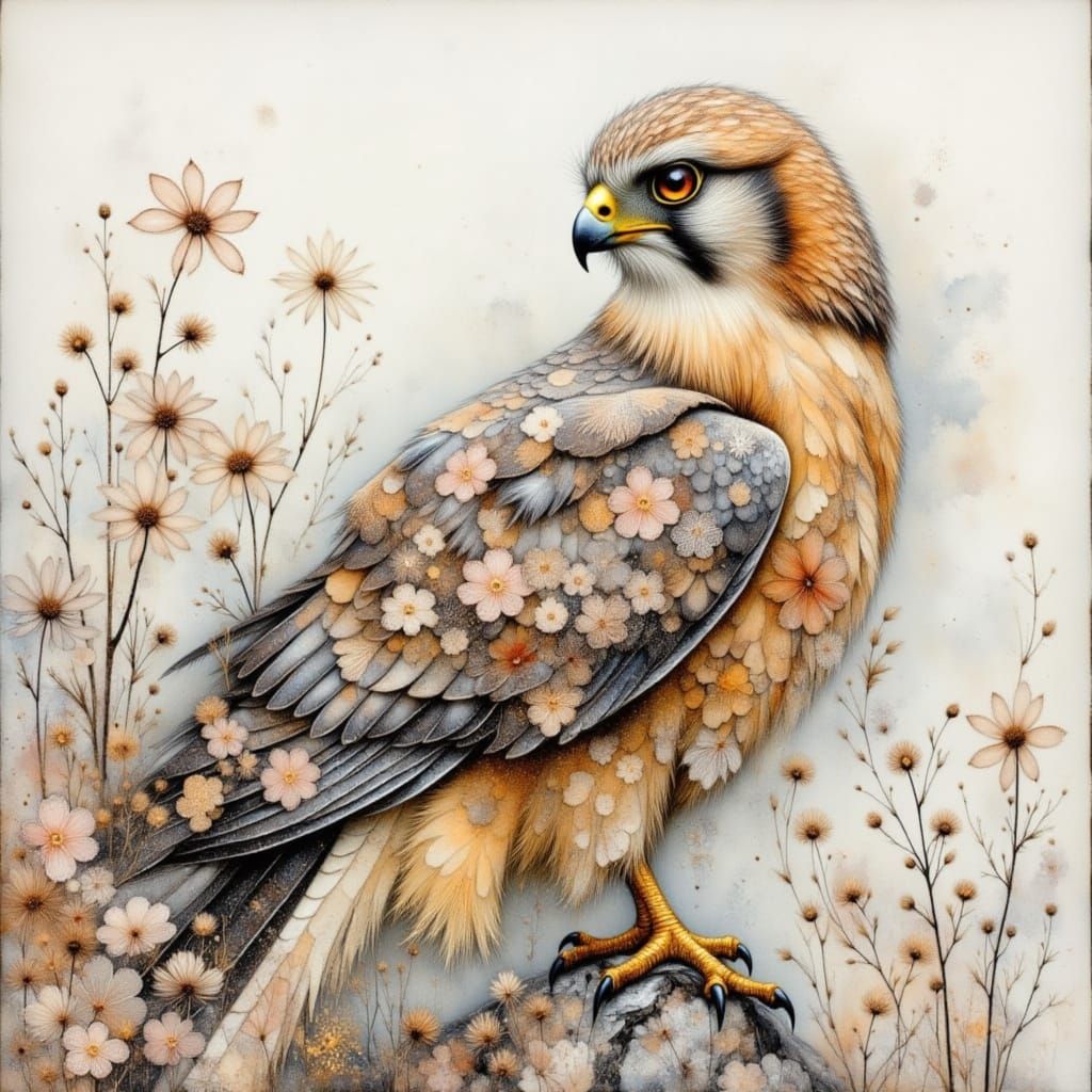 Watercolor Falcon in Misty Nature with Lace Textures