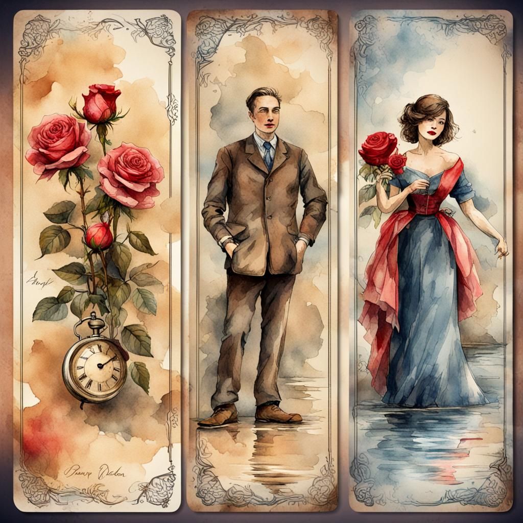 Vintage Playing Cards with Roses and River