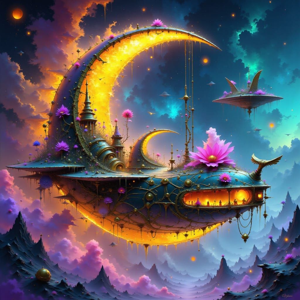 Steampunk Airship Soaring Through Nebula, Digital Art