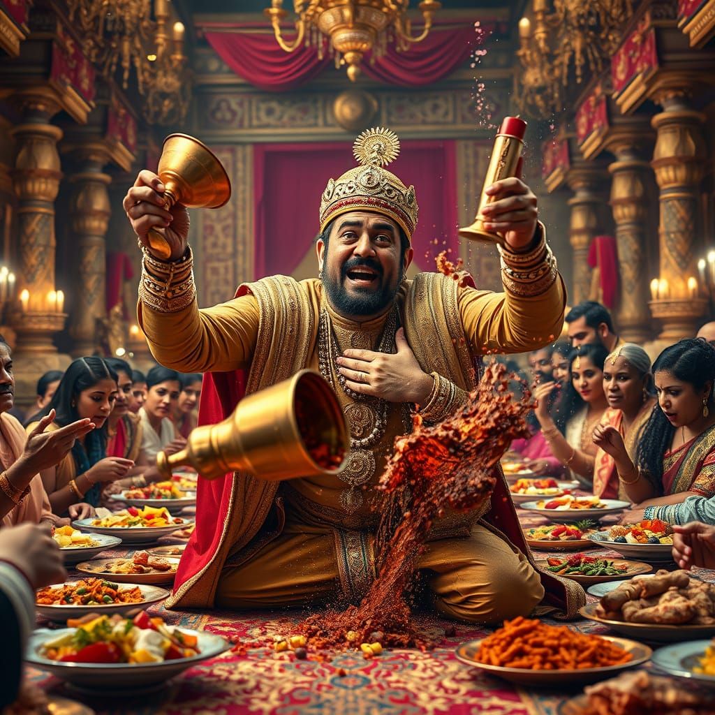 Dramatic Fall of a Maharaja in a Palace Feast Hall