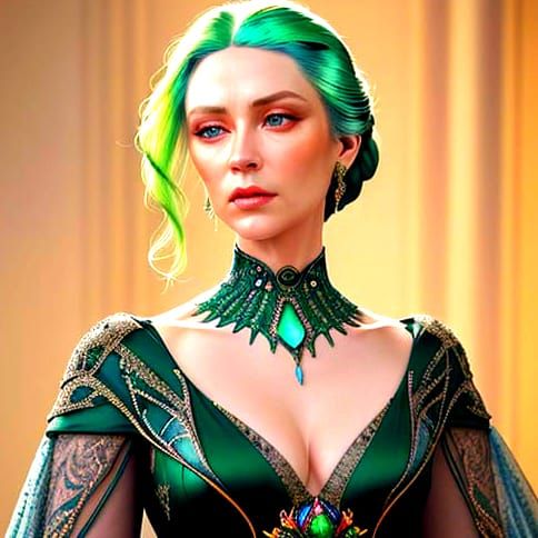 Stunning Woman in Vibrant Jugendstil Gown