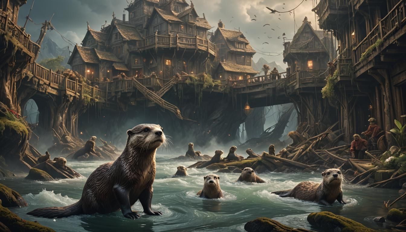 Otters Fleeing Chaos: A Dramatic Digital Painting