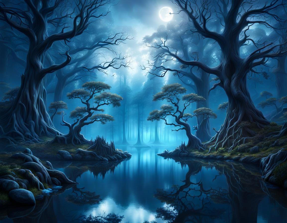 Mystical Forest with Ghostly Deer: Fantasy Concept Art