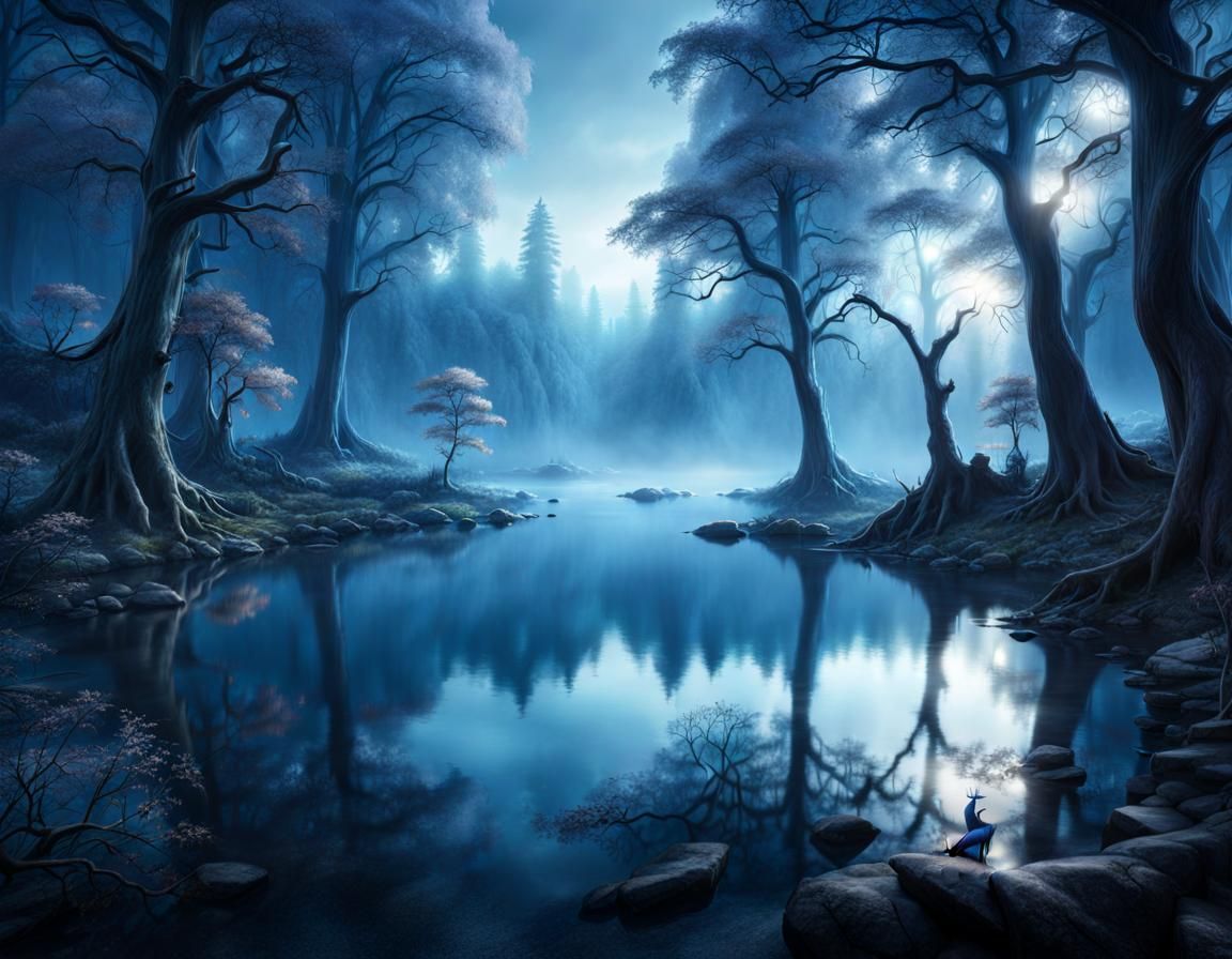 Mystical Forest with Ghostly Deer: Fantasy Concept Art