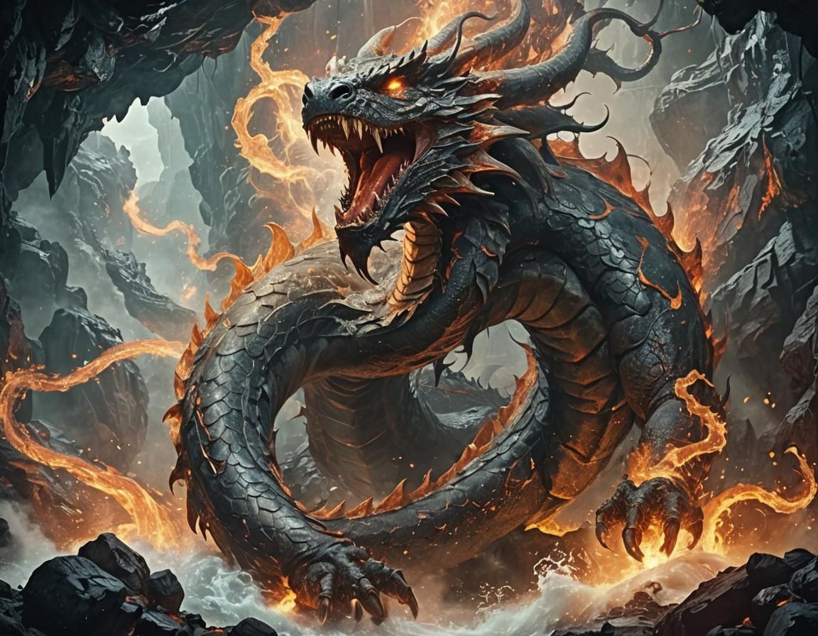Serpent Dragon Coiled in Volcanic Cave