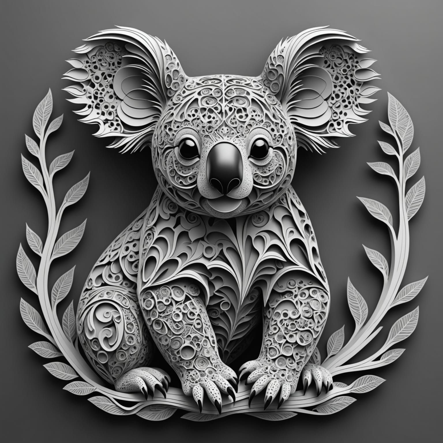 Greyscale Koala with 3D and Abstract Elements