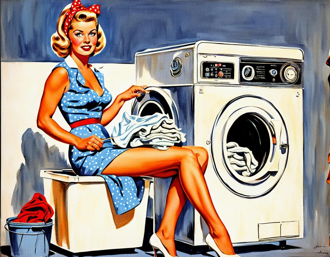 Vintage Pin-Up Art: Woman and Laundry Machine
