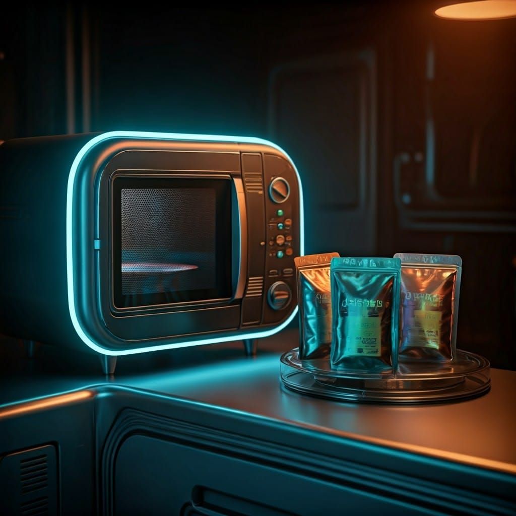 Retro-Futuristic Kitchen Scene with Curvy Microwave and Dehy...