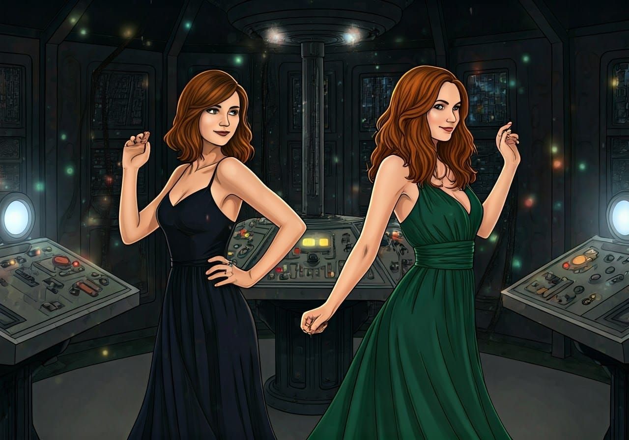 Time-Traveling Dancers in Vibrant Cyberpunk Control Room