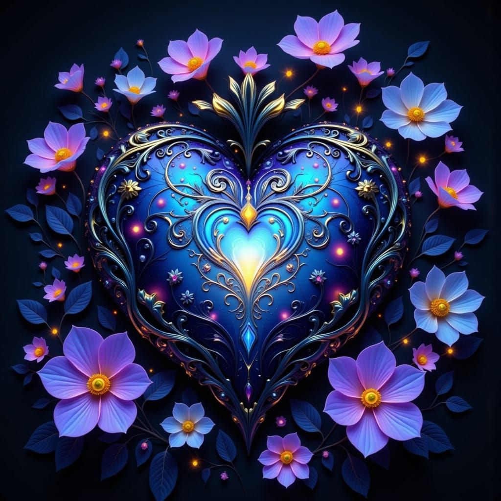 Blue Glazed Heart Ornament Amidst Cosmic Blooms
