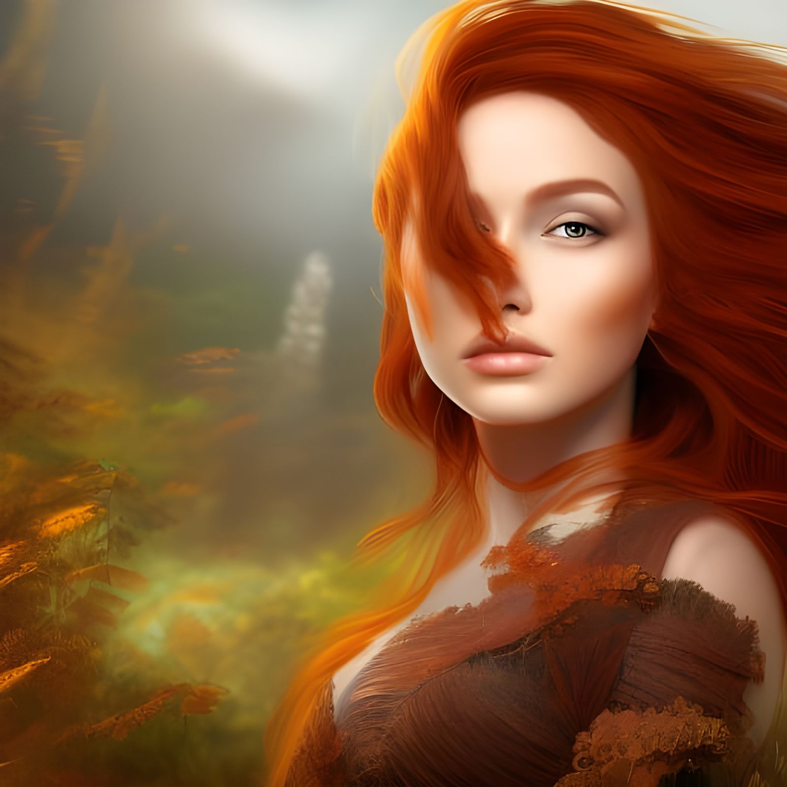 Redhead Woman with Windblown Hair, Fantasy Art