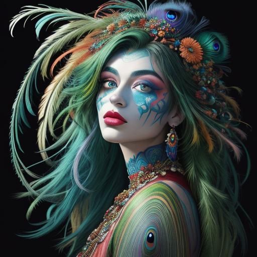 Abstract Woman with Peacock Feathers, Expressionist Art